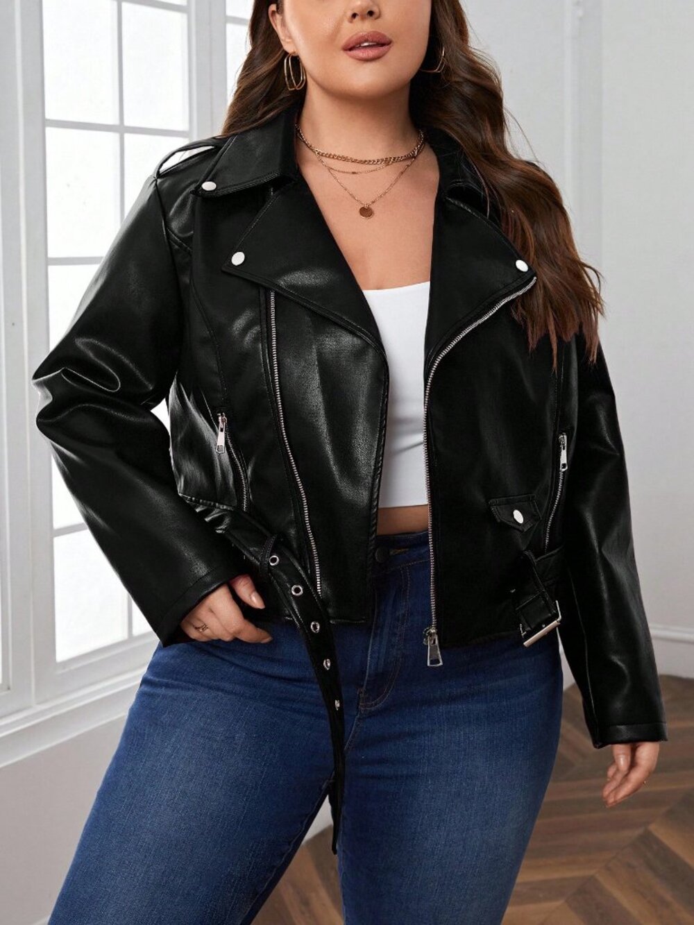Black Casual Women's Loose Long-Sleeved Belted Zipper Biker Jacket